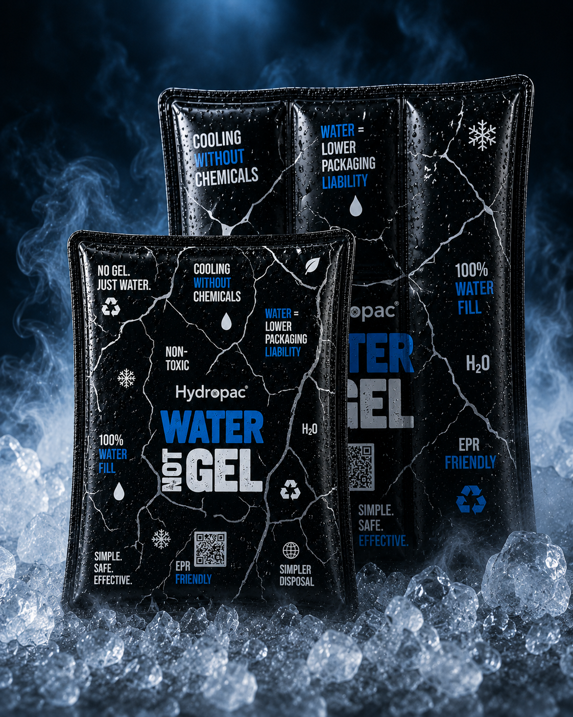 HydroPure™ water ice packs surrounded by ice